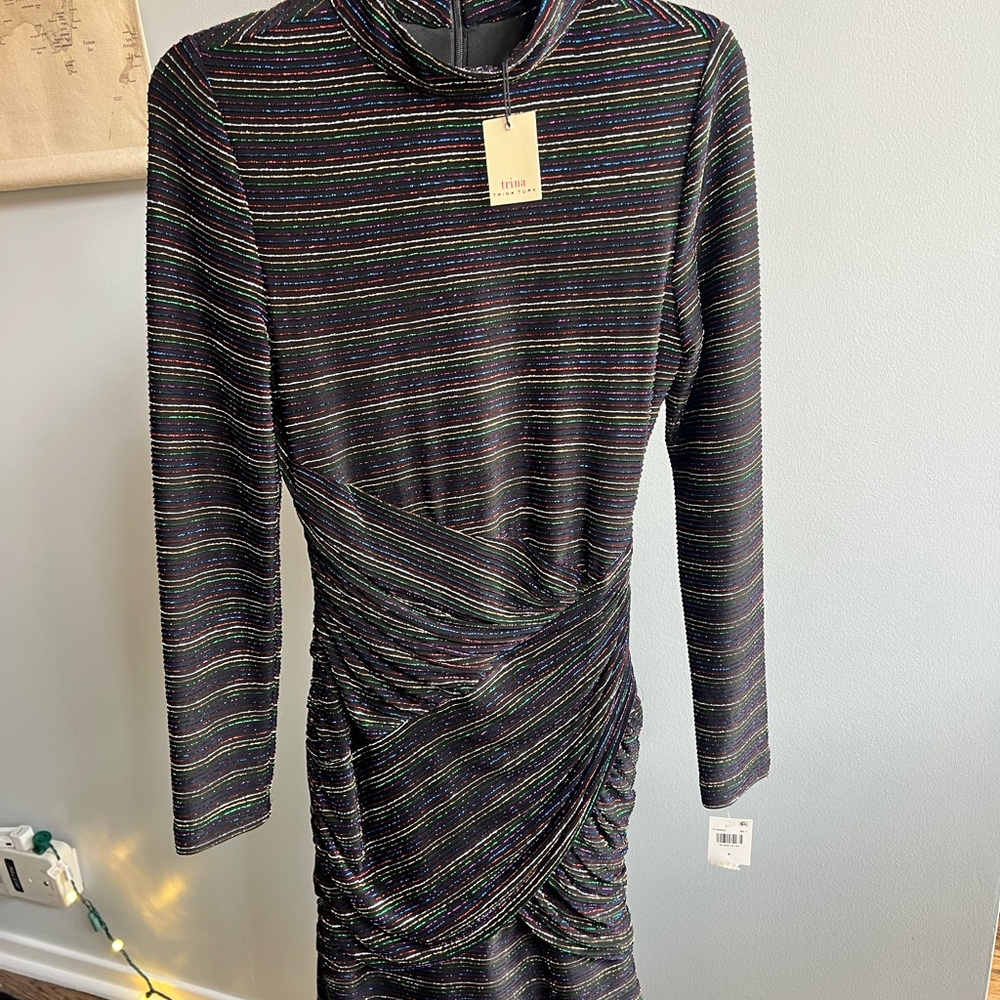 Trina Turk Black Multicolor Striped Long Sleeve Dress Body Con